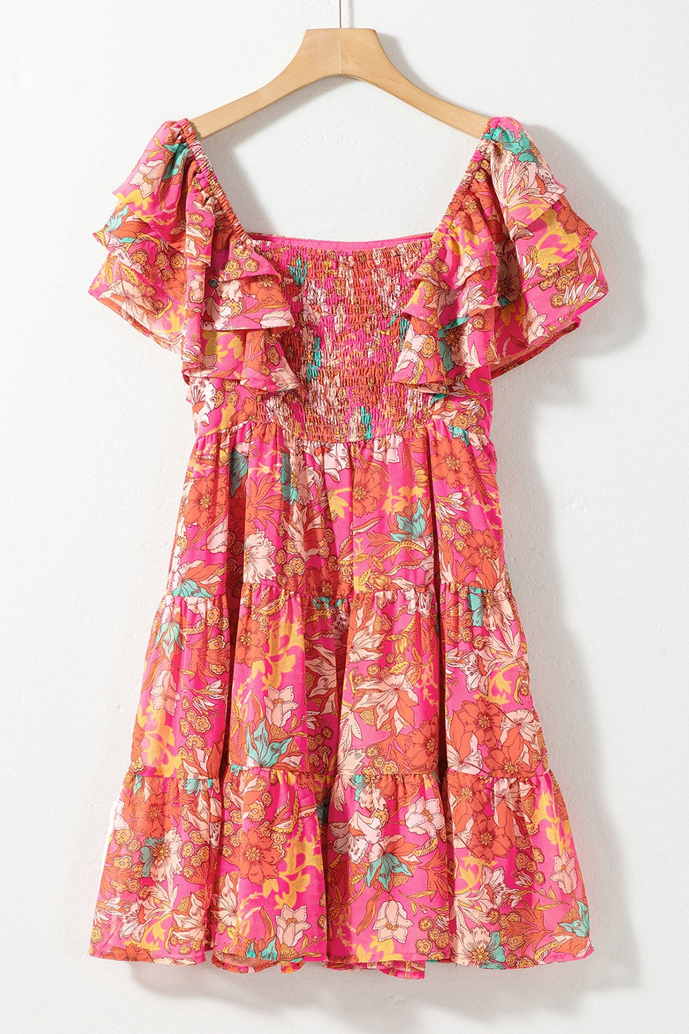 STUNNLY  Ruffled Printed Square Neck Dress   