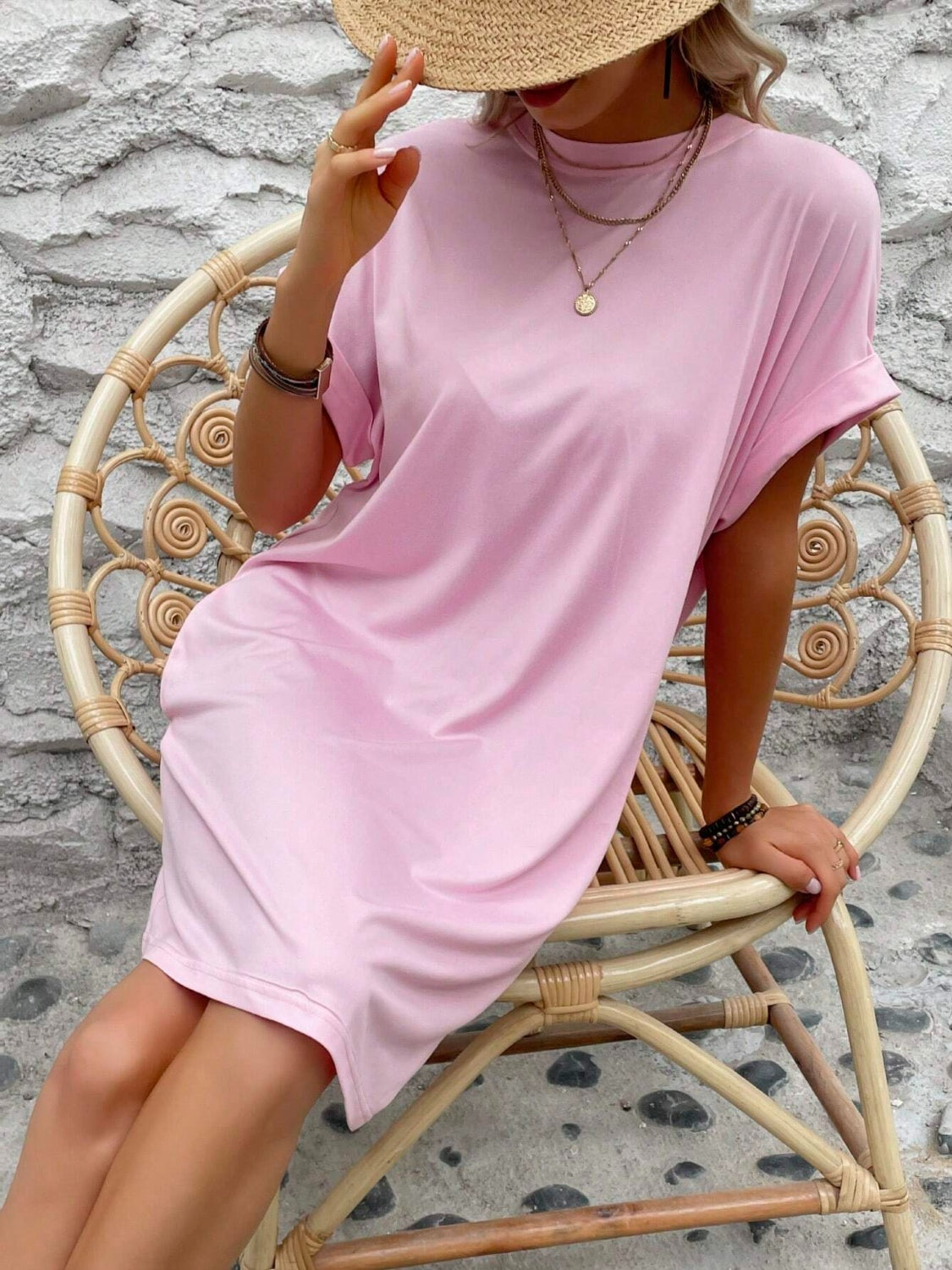 Round Neck Short Sleeve Mini Dress   