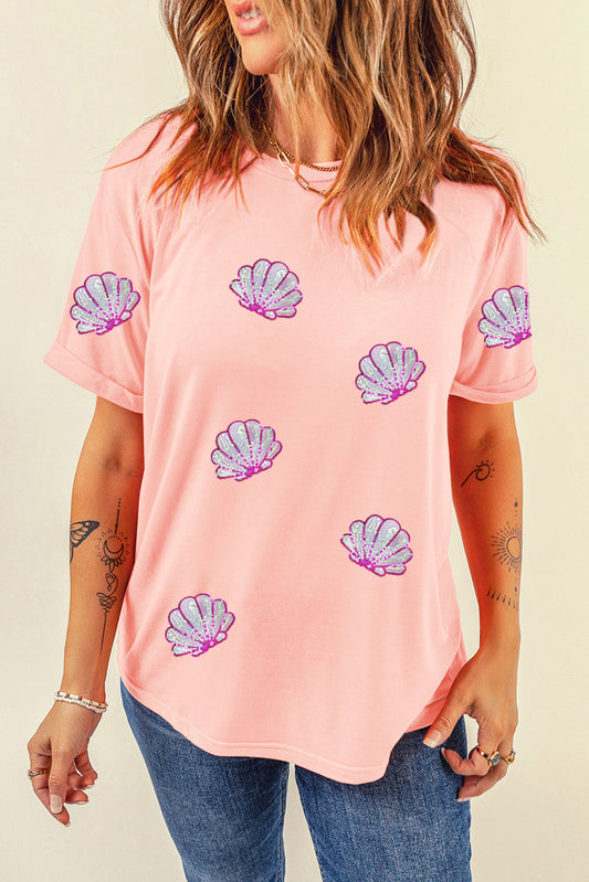 STUNNLY  Shell Round Neck Short Sleeve T-Shirt Peach S 