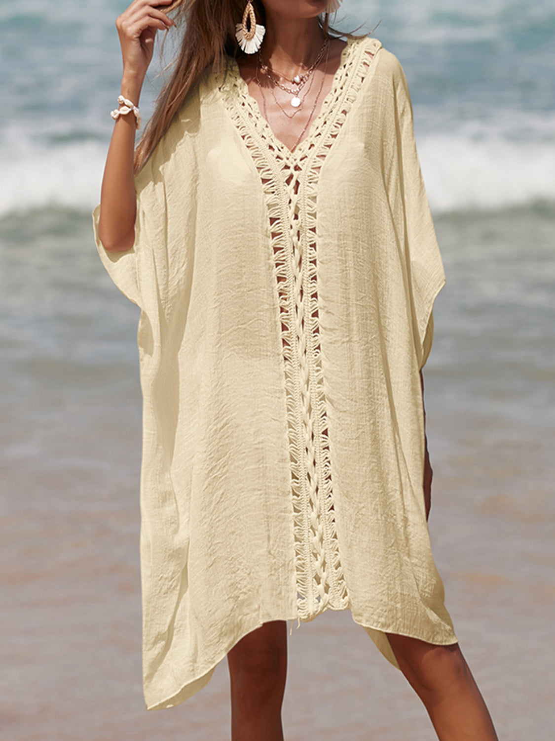 Cutout V-Neck Three-Quarter Sleeve Cover Up Sand One Size 