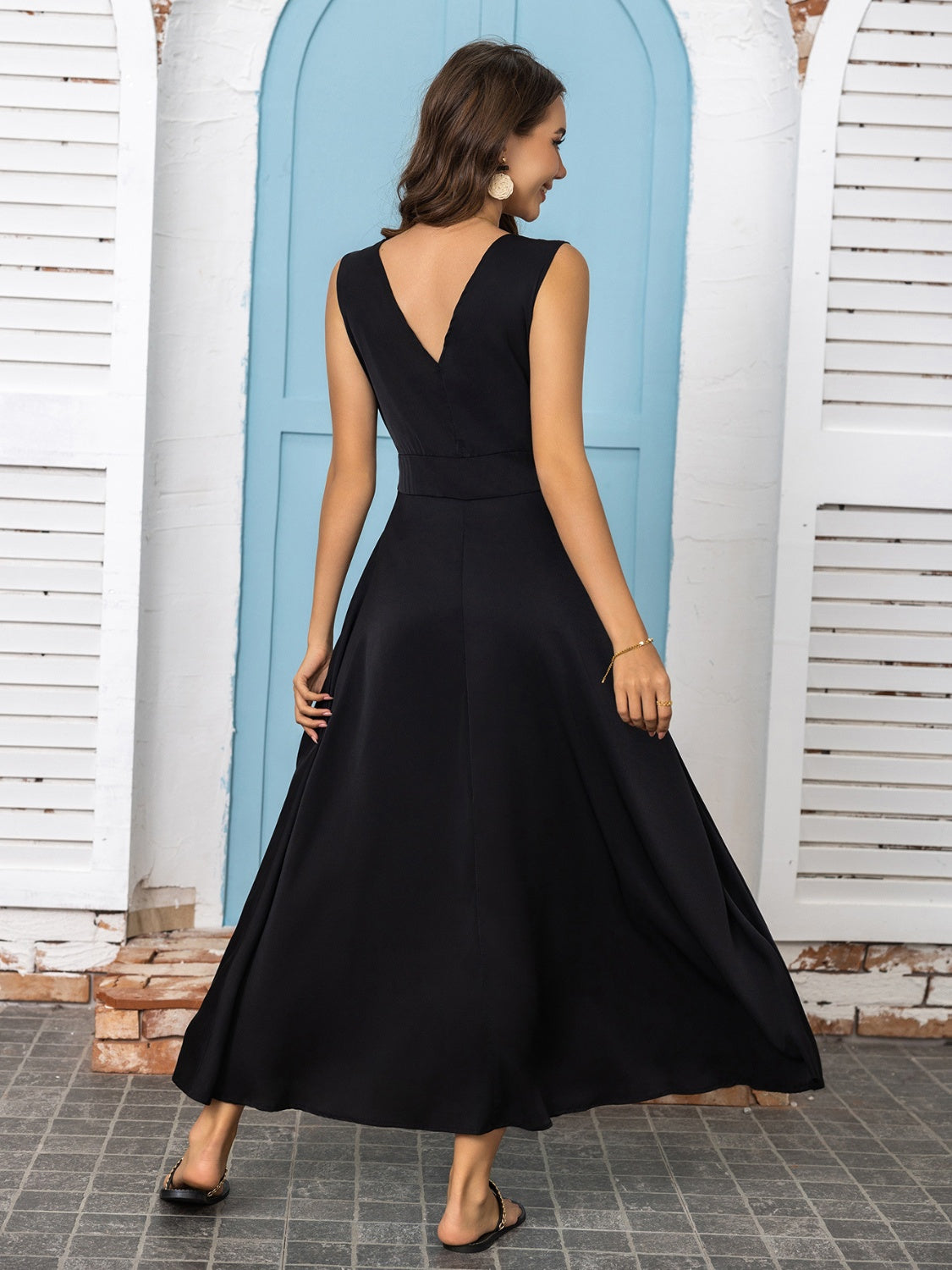 Full Size Slit V-Neck Sleeveless Midi Dress   