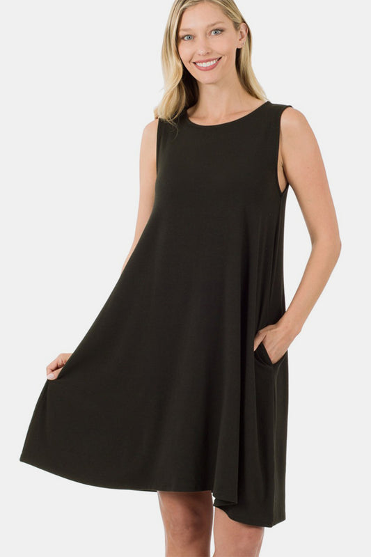 Zenana Full Size Sleeveless Flared Dress with Side Pockets Black S 