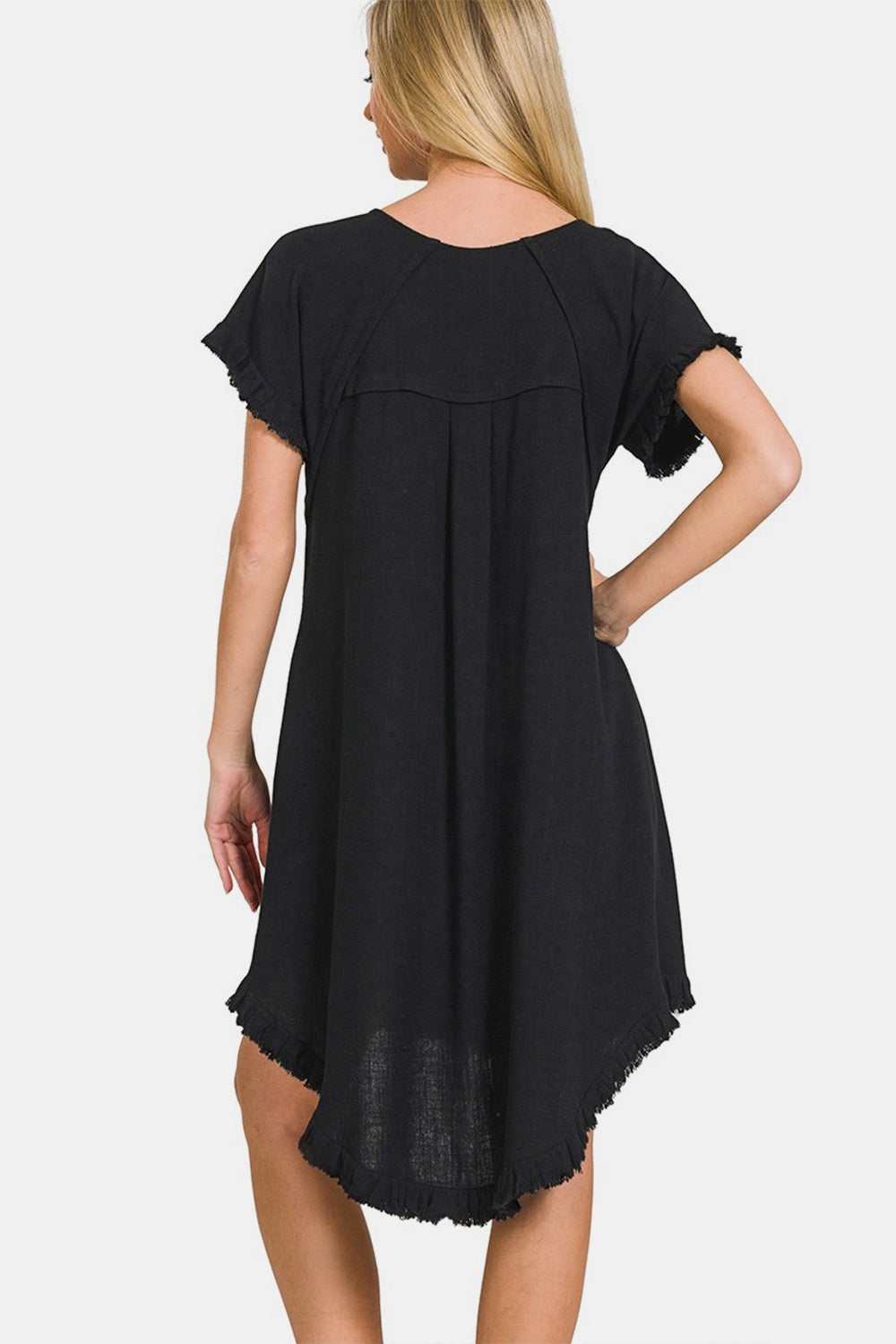 Zenana Fringe Edge High Low Flowy Dress with Pockets   