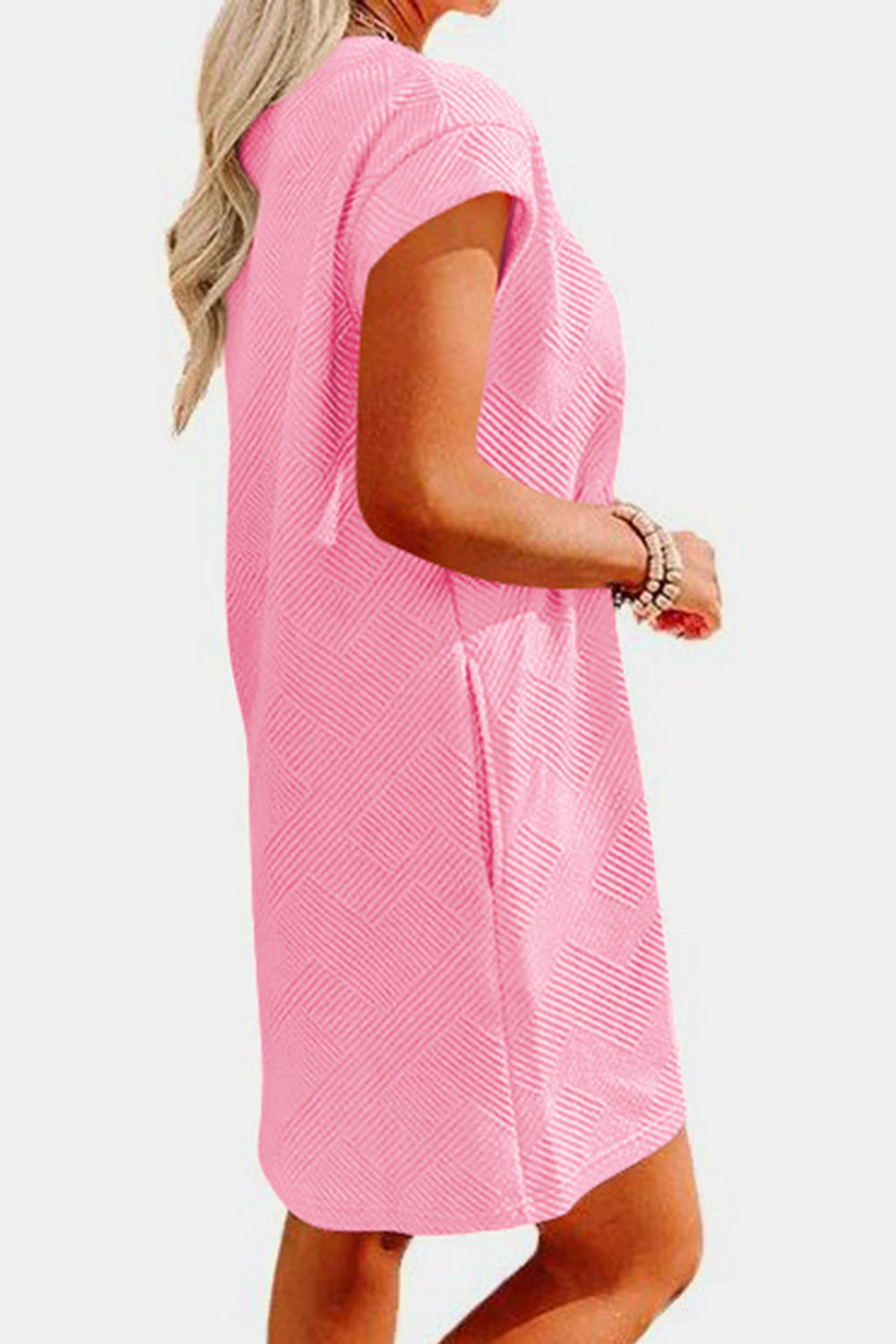 STUNNLY  Textured Round Neck Cap Sleeve Dress   