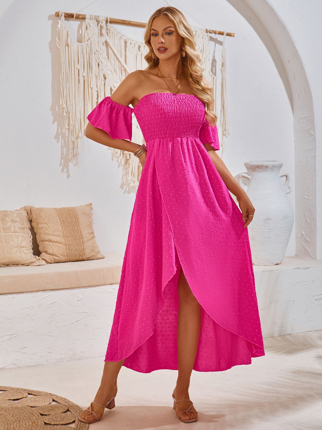 High-Low Smocked Short Sleeve Midi Dress Hot Pink S 