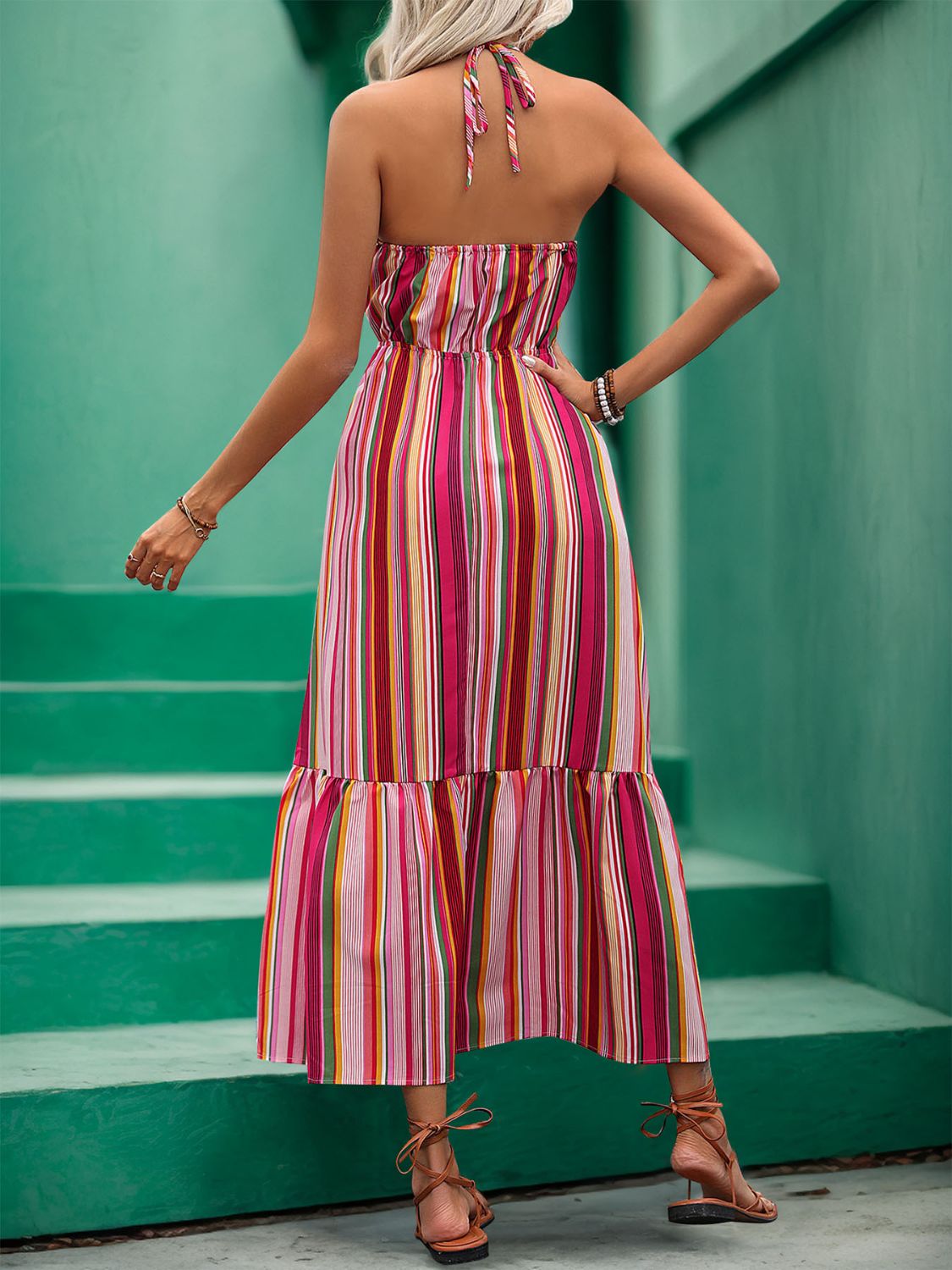 Lace Detail Striped Halter Neck Midi Dress   