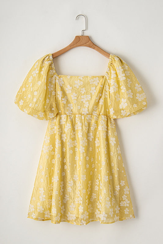 Printed Square Neck Puff Sleeve Mini Dress Light Yellow S 