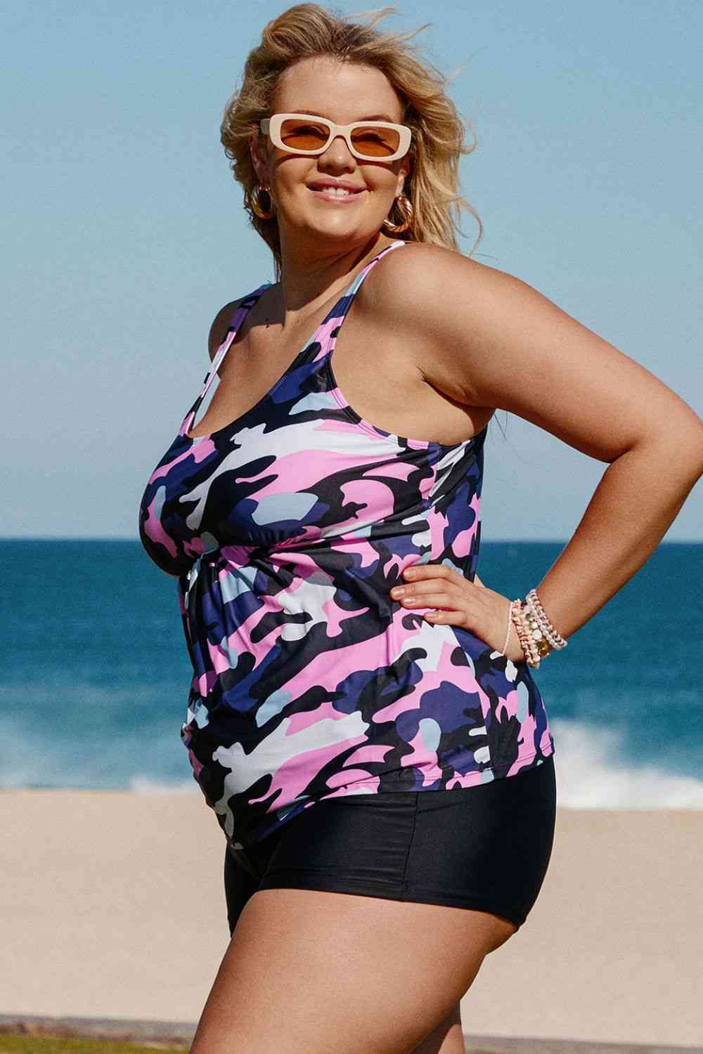 Plus Size Camouflage Peplum Two-Piece Tankini Set   