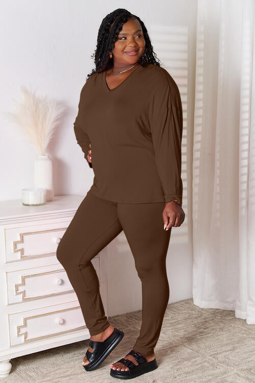 Basic Bae Full Size V-Neck Soft Rayon Long Sleeve Top and Pants Lounge Set Chocolate S 