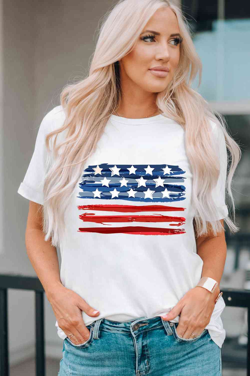 US Flag Graphic Round Neck Tee White S 