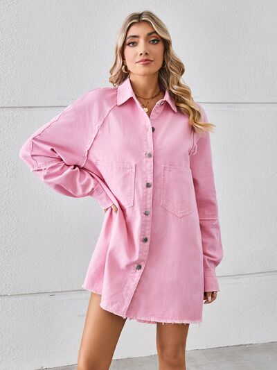 Raw Hem Button Up Denim Dress Carnation Pink S 