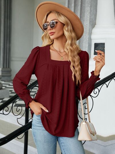 Ruched Square Neck Lantern Sleeve Blouse Wine S 