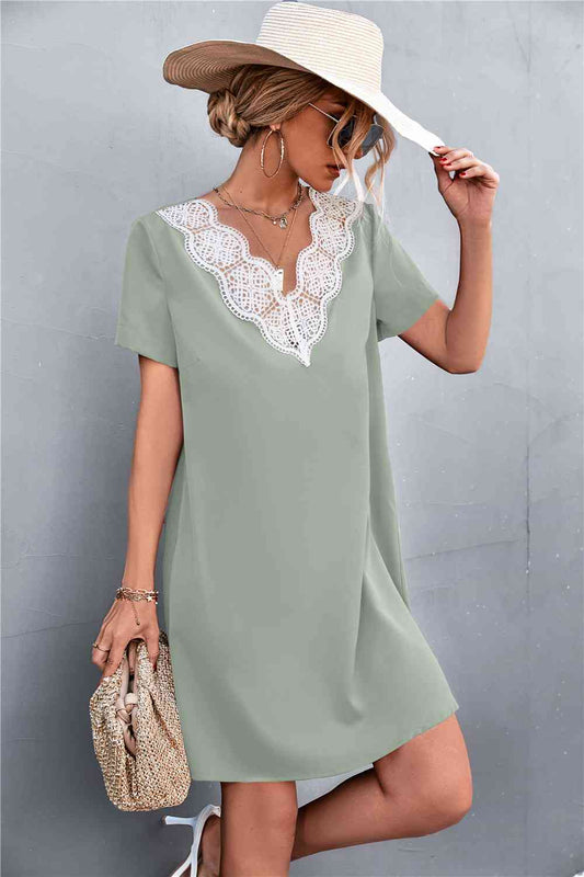 Spliced Lace Contrast Short Sleeve Dress Green S 