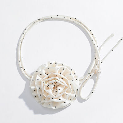 Polka Dot Camellia Flower Tie Choker Necklace Eggshell One Size 