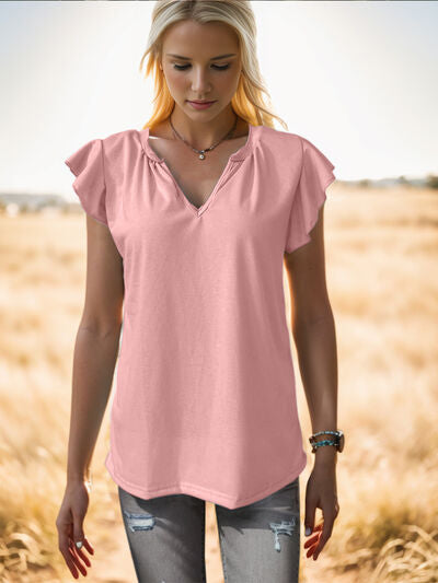 Ruffled Notched Cap Sleeve Tank Blush Pink S 