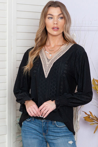 Eyelet V-Neck Flounce Sleeve Blouse Black S 