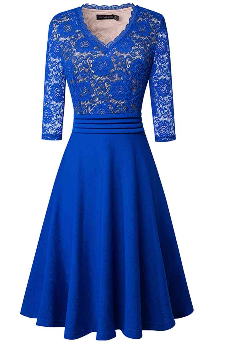 V-Neck Lace Detail Knee-Length Dress Royal  Blue S 