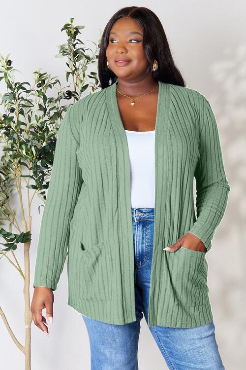 Basic Bae Full Size Ribbed Open Front Cardigan with Pockets Gum Leaf S 