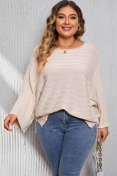 Plus Size Round Neck Exposed Seam T-Shirt Dust Storm 1XL 