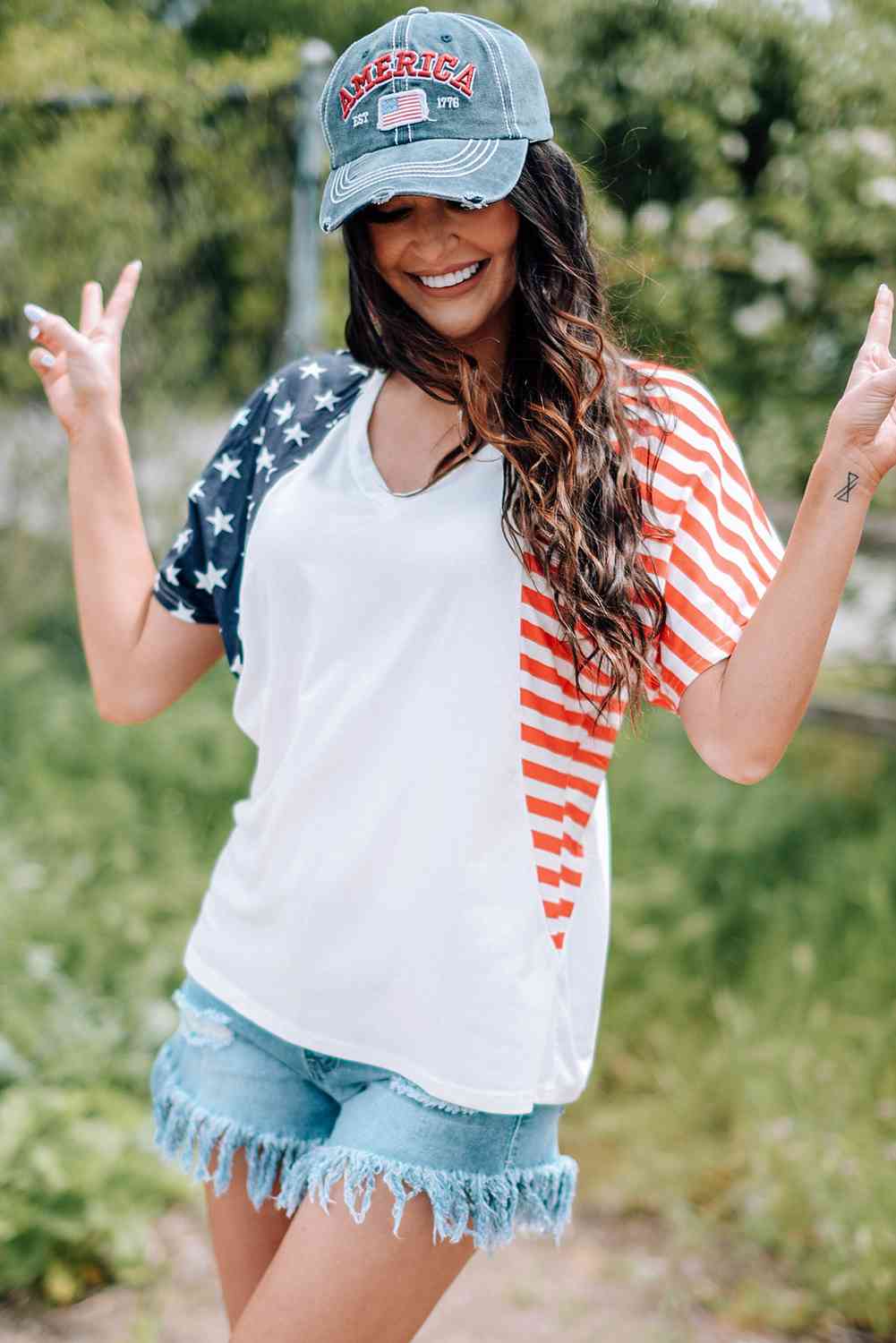 US Flag V-Neck Tee Shirt   