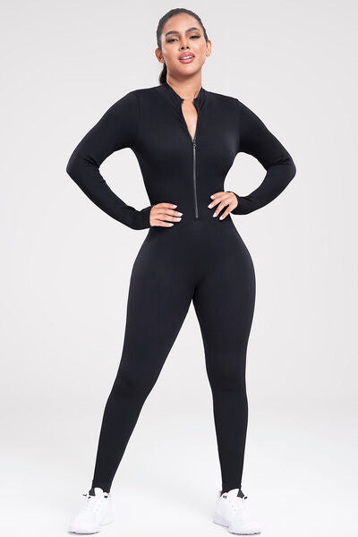 Zip Up Ribbed Long Sleeve Skinny Active Jumpsuit Black S 