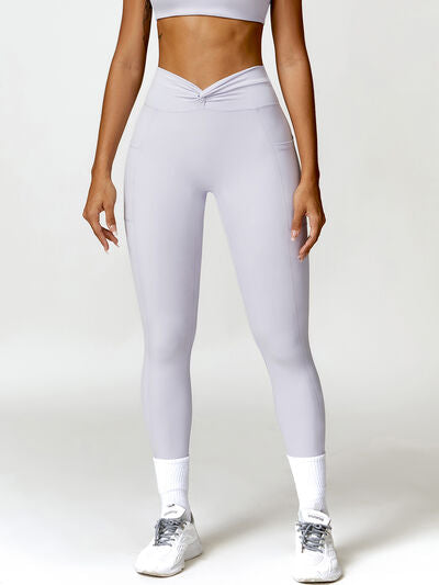 Twisted High Waist Active Pants with Pockets Light Gray S 