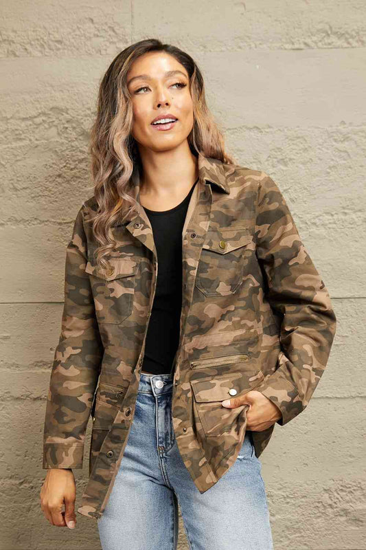 Double Take Camouflage Snap Down Jacket Camouflage S 