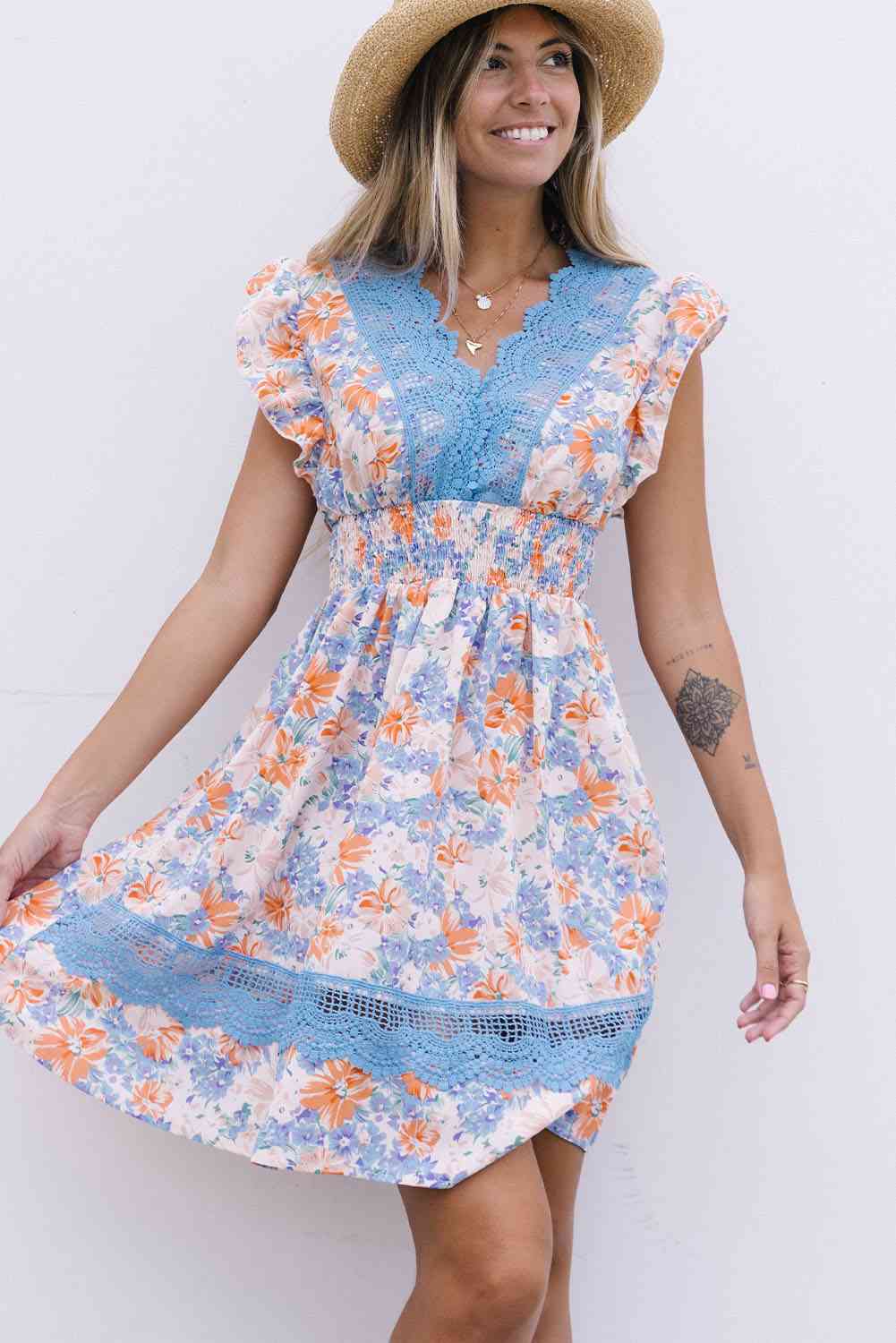 Floral Smocked Waist Spliced Lace Dress Floral S 