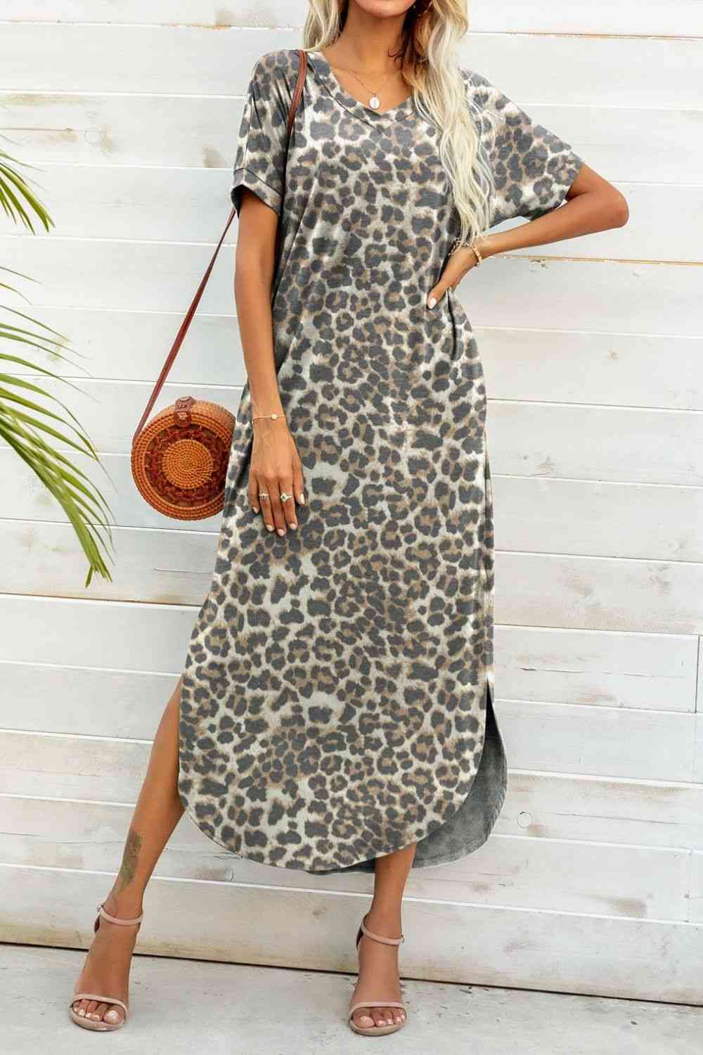 Printed V-Neck Curved Hem Dress Leopard S 