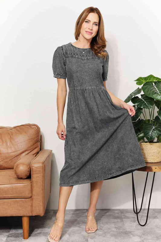 And The Why  Full Size Washed Chambray Midi Dress Charcoal S 