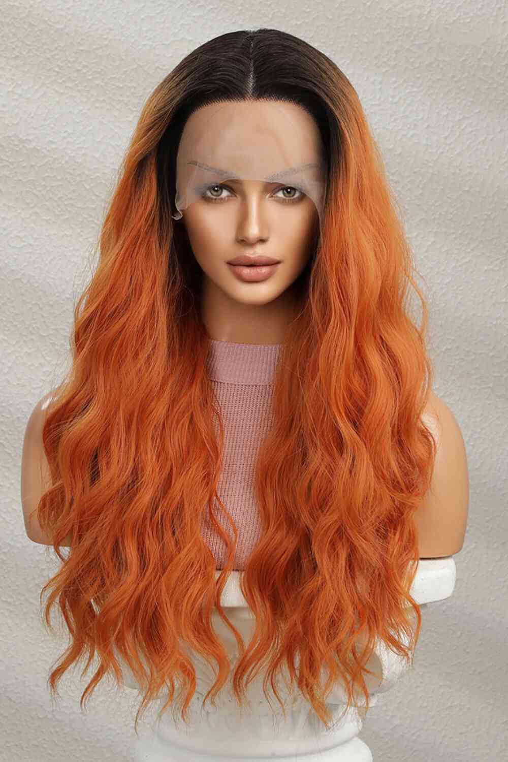 13*2" Lace Front Wigs Synthetic Long Wave 24" 150% Density Ginger/Brunette Root One Size 