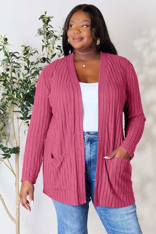 Basic Bae Full Size Ribbed Open Front Cardigan with Pockets Fuchsia Pink S 