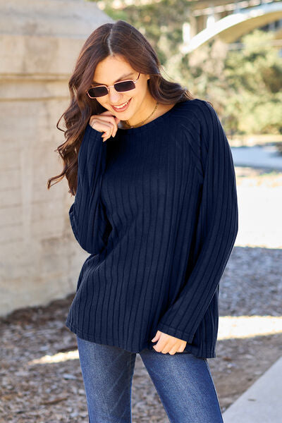 Basic Bae Full Size Ribbed Round Neck Long Sleeve Knit Top Peacock  Blue S 