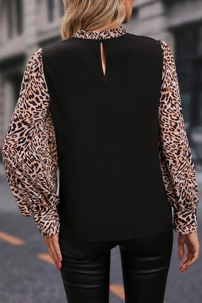 Leopard Mock Neck Lantern Sleeve Blouse   