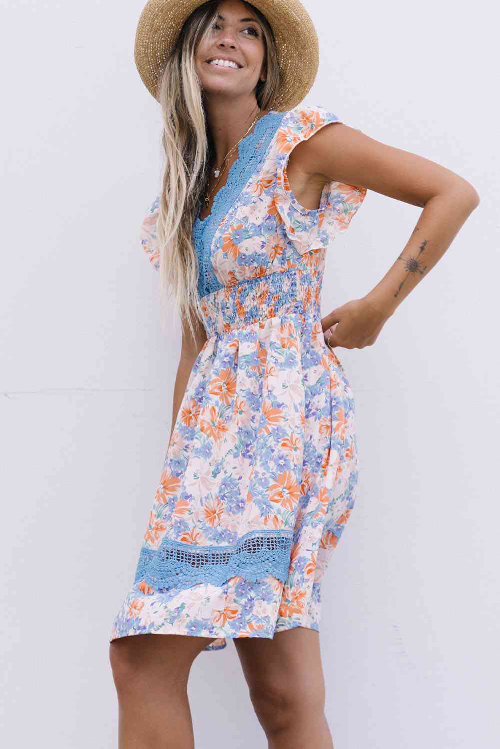 Floral Smocked Waist Spliced Lace Dress   