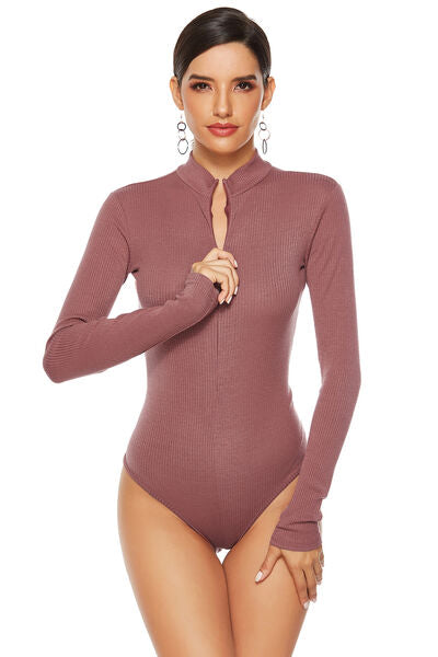 Full Size Ribbed Half Zip Long Sleeve Bodysuit Dusty Pink S 