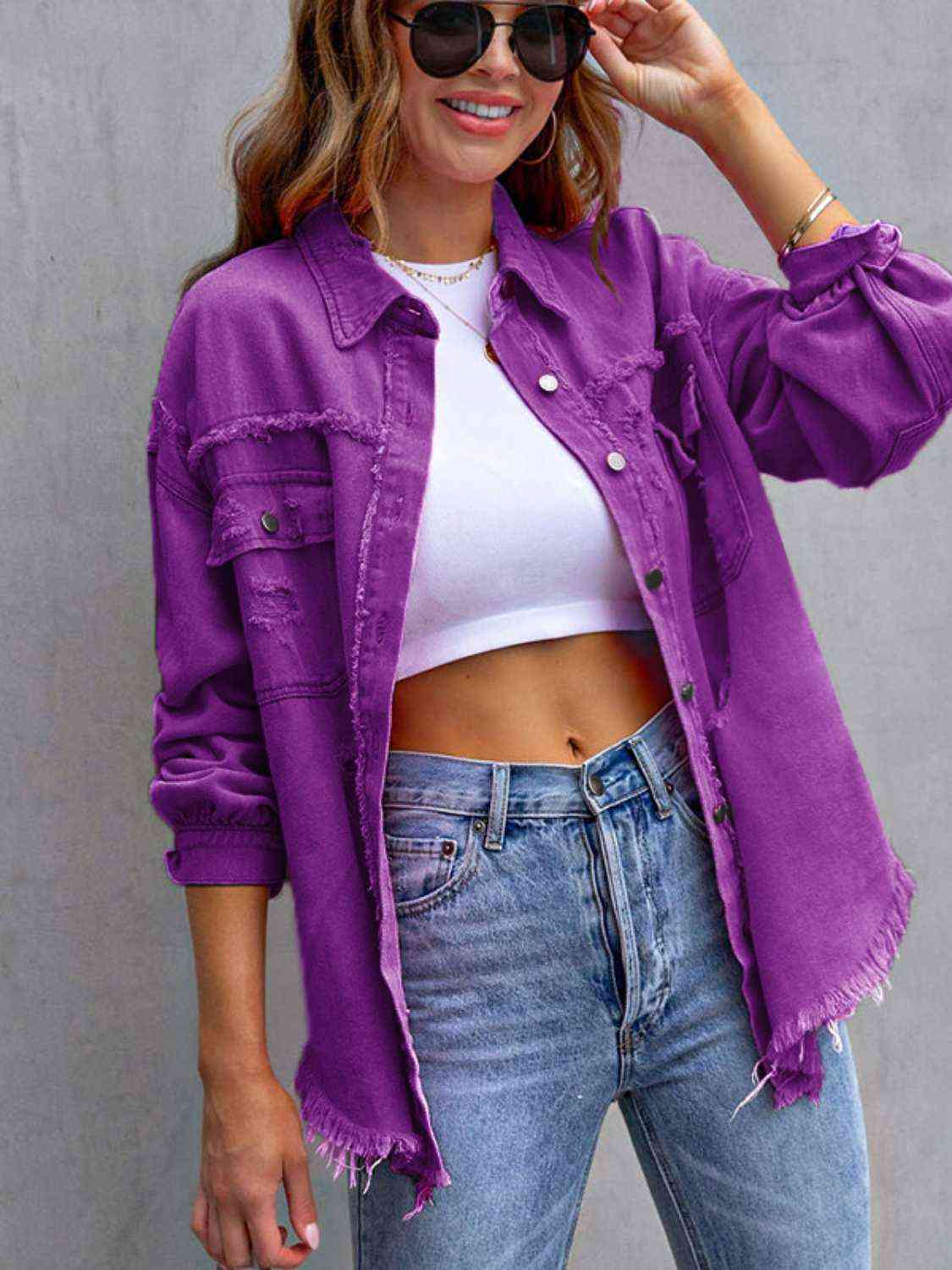 Distressed Drop Shoulder Denim Jacket   