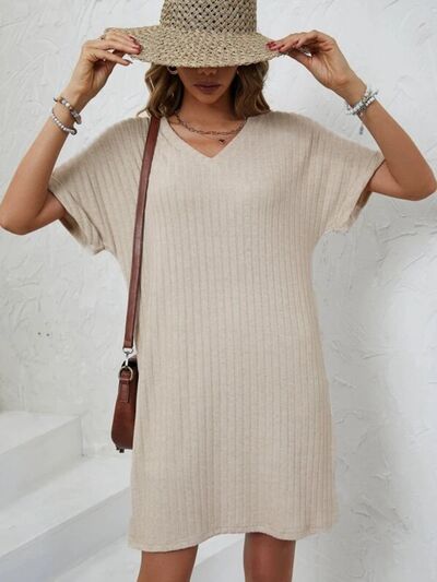 Ribbed V-Neck Short Sleeve Dress   