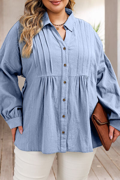 Plus Size High-Low Button Up Dropped Shoulder Shirt Misty  Blue 1XL 
