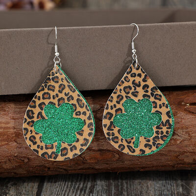 St. Patrick's Day Leopard Hollowed Leather Teardrop Earrings   