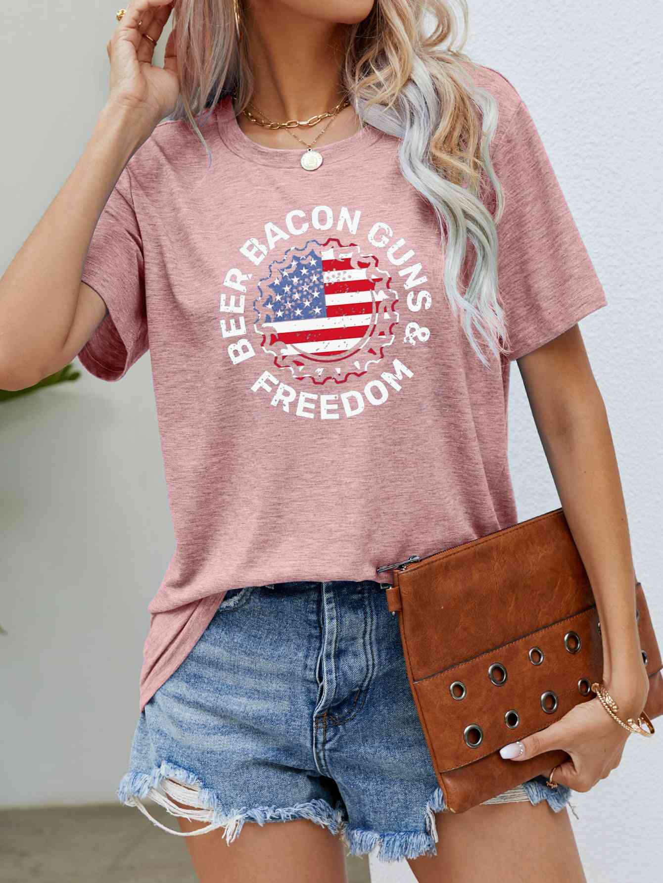 BEER BACON GUNS & FREEDOM US Flag Graphic Tee Blush Pink S 