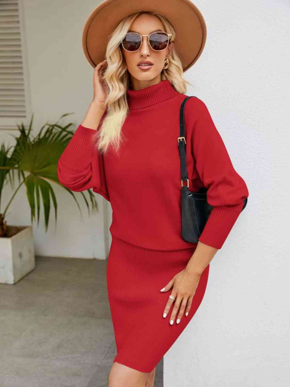 Turtle Neck Long Sleeve Ribbed Sweater Dress   