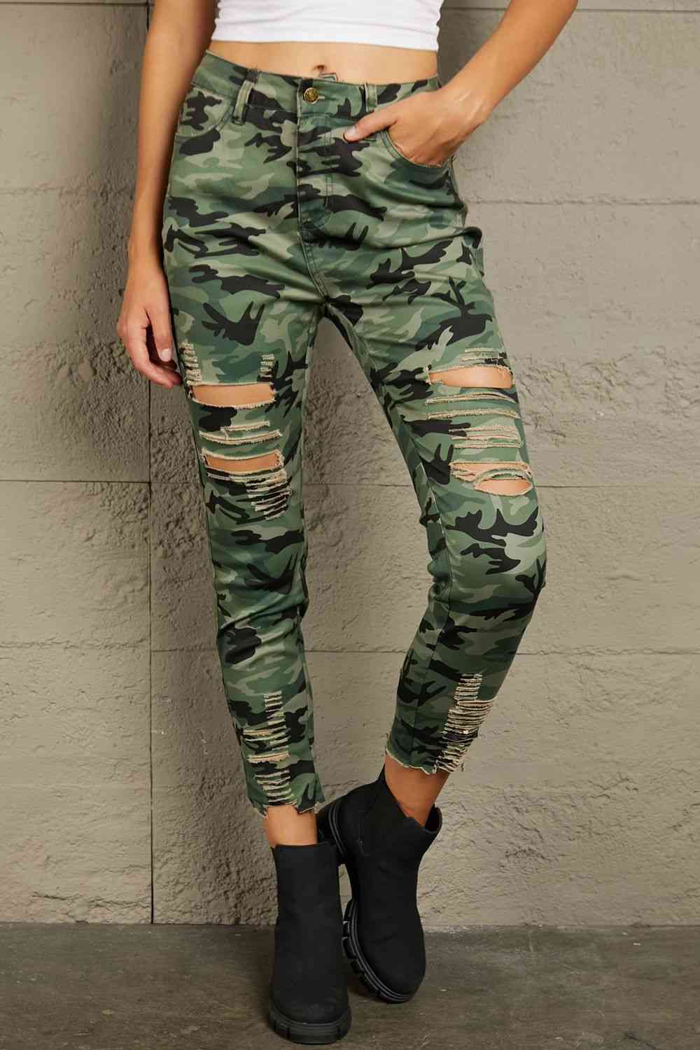 Baeful Distressed Camouflage Jeans Green S 