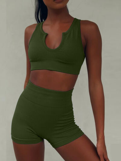 Notched Wide Strap Tank and Shorts Active Set Green S 