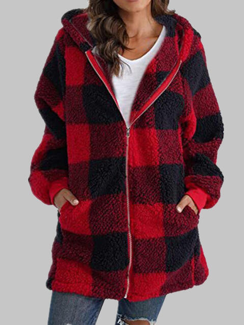 Plaid Zip-Up Hooded Jacket with Pockets Deep Red S 