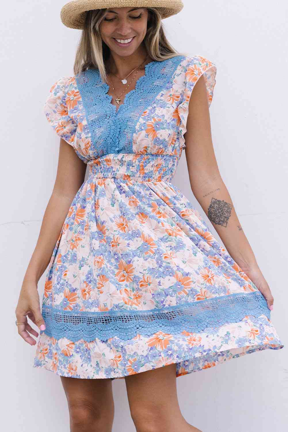 Floral Smocked Waist Spliced Lace Dress   