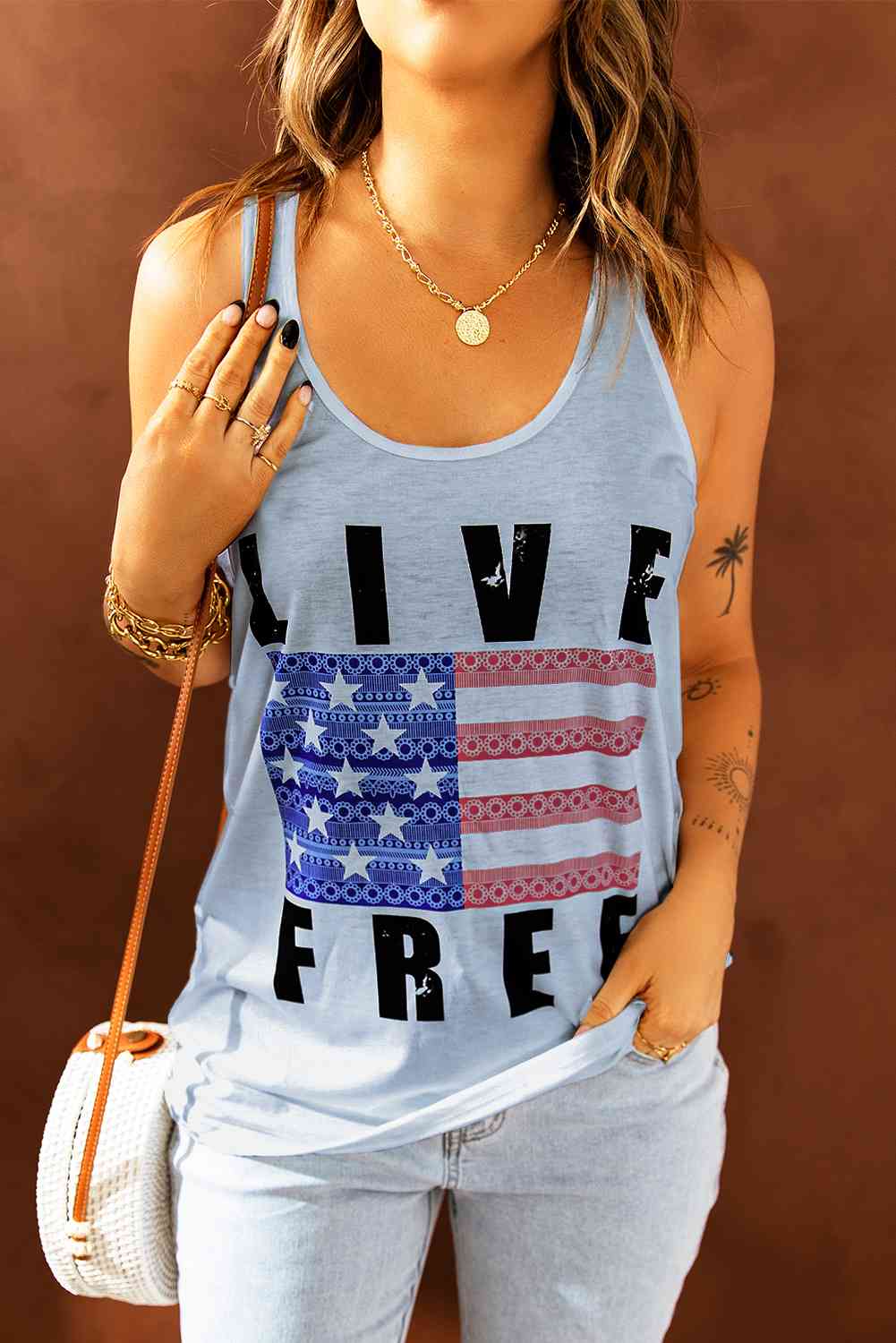 LIVE FREE Stars and Stripes Graphic Tank Gray S 