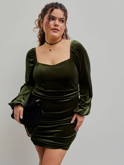 Plus Size Ruched Square Neck Balloon Sleeve Wrap Dress Army Green 1XL 