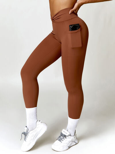 Twisted High Waist Active Pants with Pockets Chestnut S 