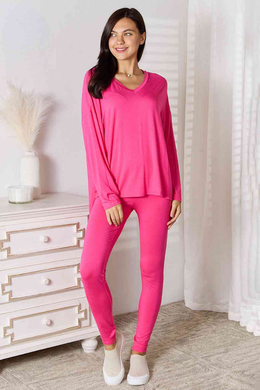 Basic Bae Full Size V-Neck Soft Rayon Long Sleeve Top and Pants Lounge Set Hot Pink S 